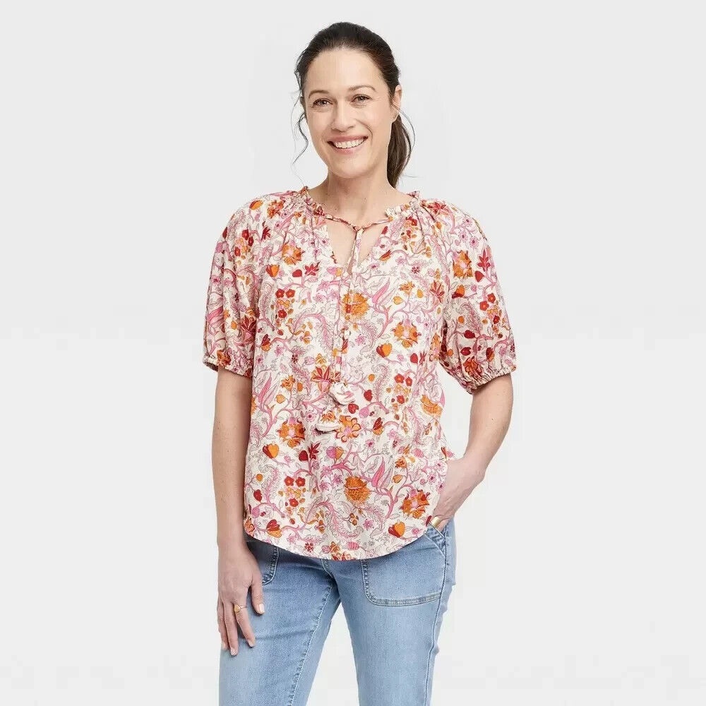 Knox Rose Pink and Orange Blouse with Vibrant Floral Design